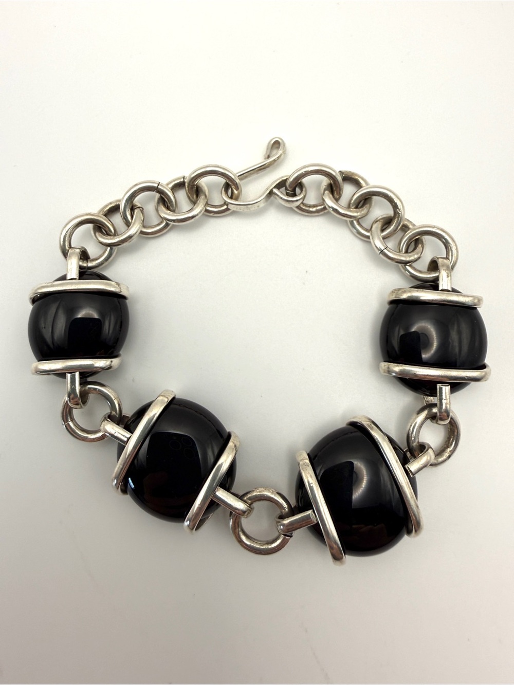 925 Sterling Silver Bracelet with Black Glass Mexico